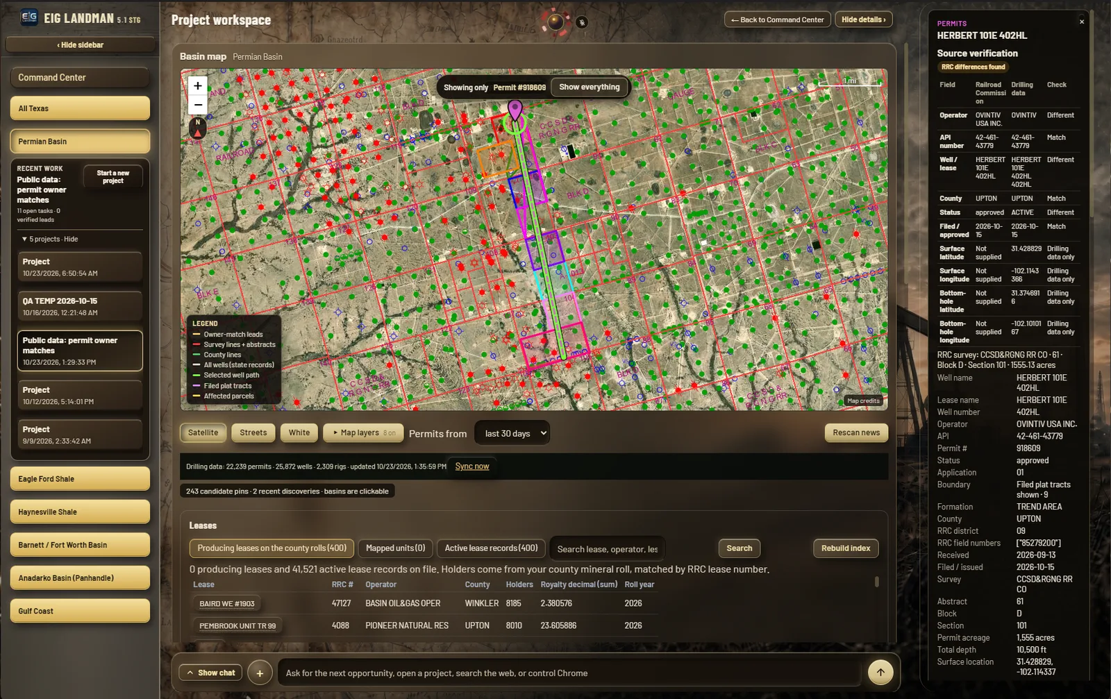 LandMan Basin Map, satellite view with a horizontal well path and filed plat tracts